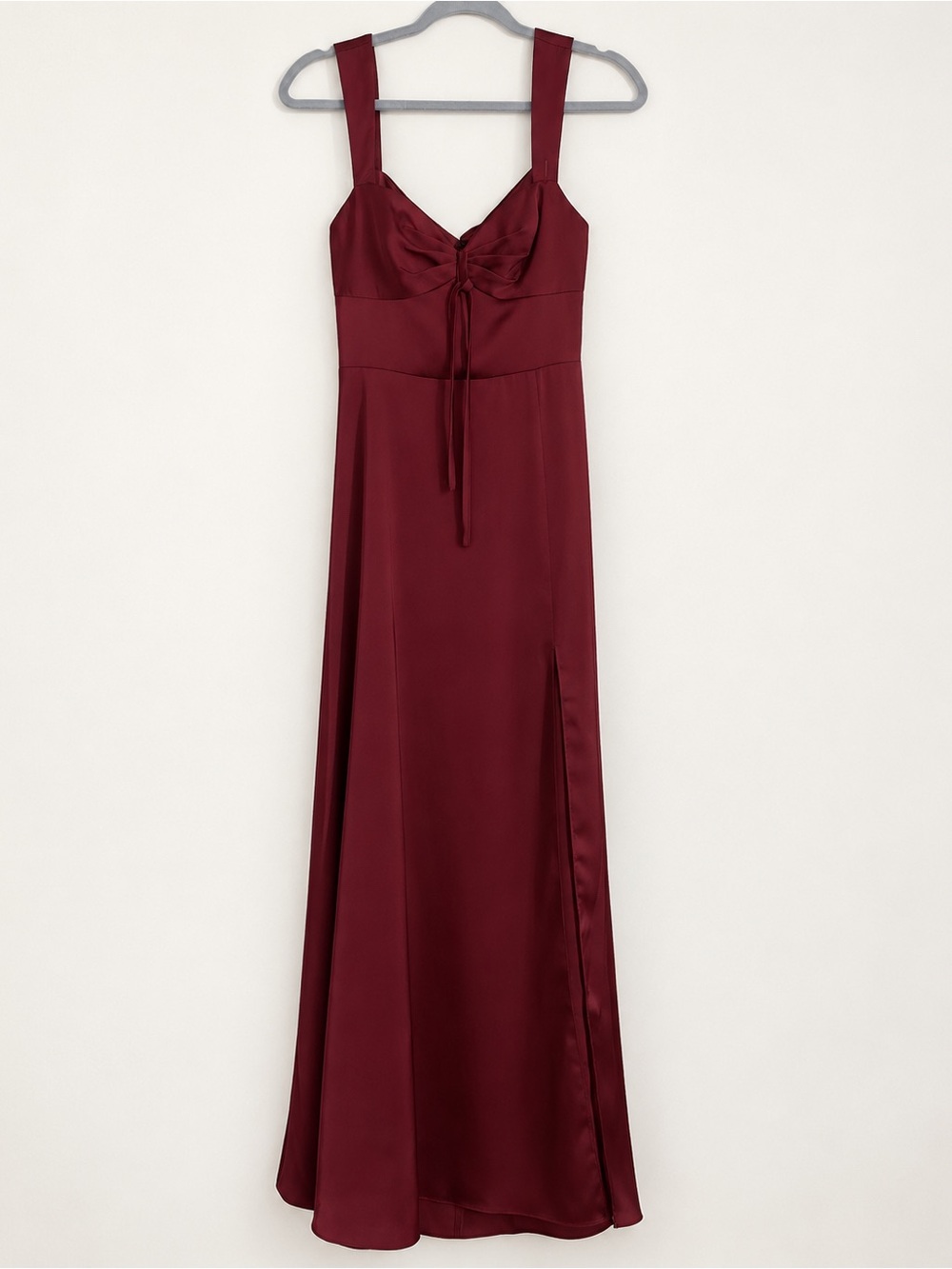 AZAZIE A6 Burgundy Satin Maxi Dress Ruched Bust Tie Front Slit Formal Gown